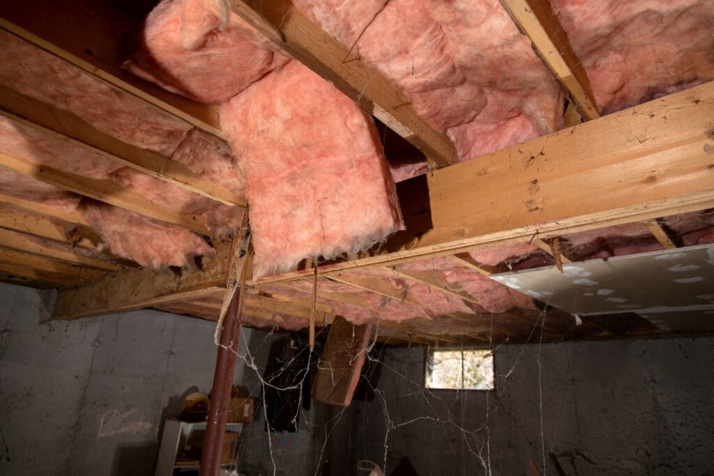 old fiberglass insulation falling out of the ceiling in a dusty basement, leading to a cold home