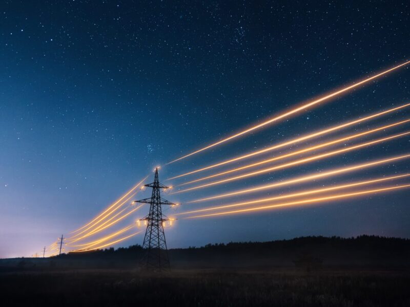 electricity transmission between towers with glowing wires against a nearly dark sky at dusk