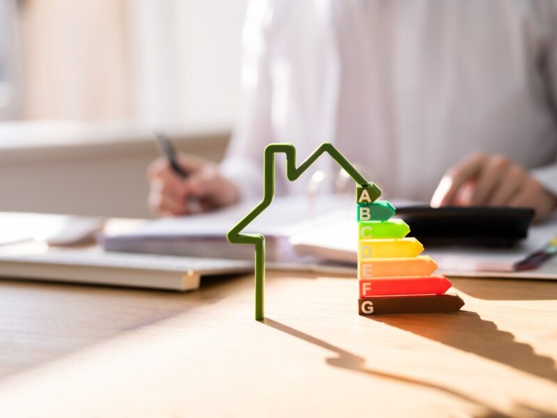 A green outline of a home with colorful bars indicating energy efficiency; in the background, a person sits at a wood-topped desk crunching numbers on a calculator