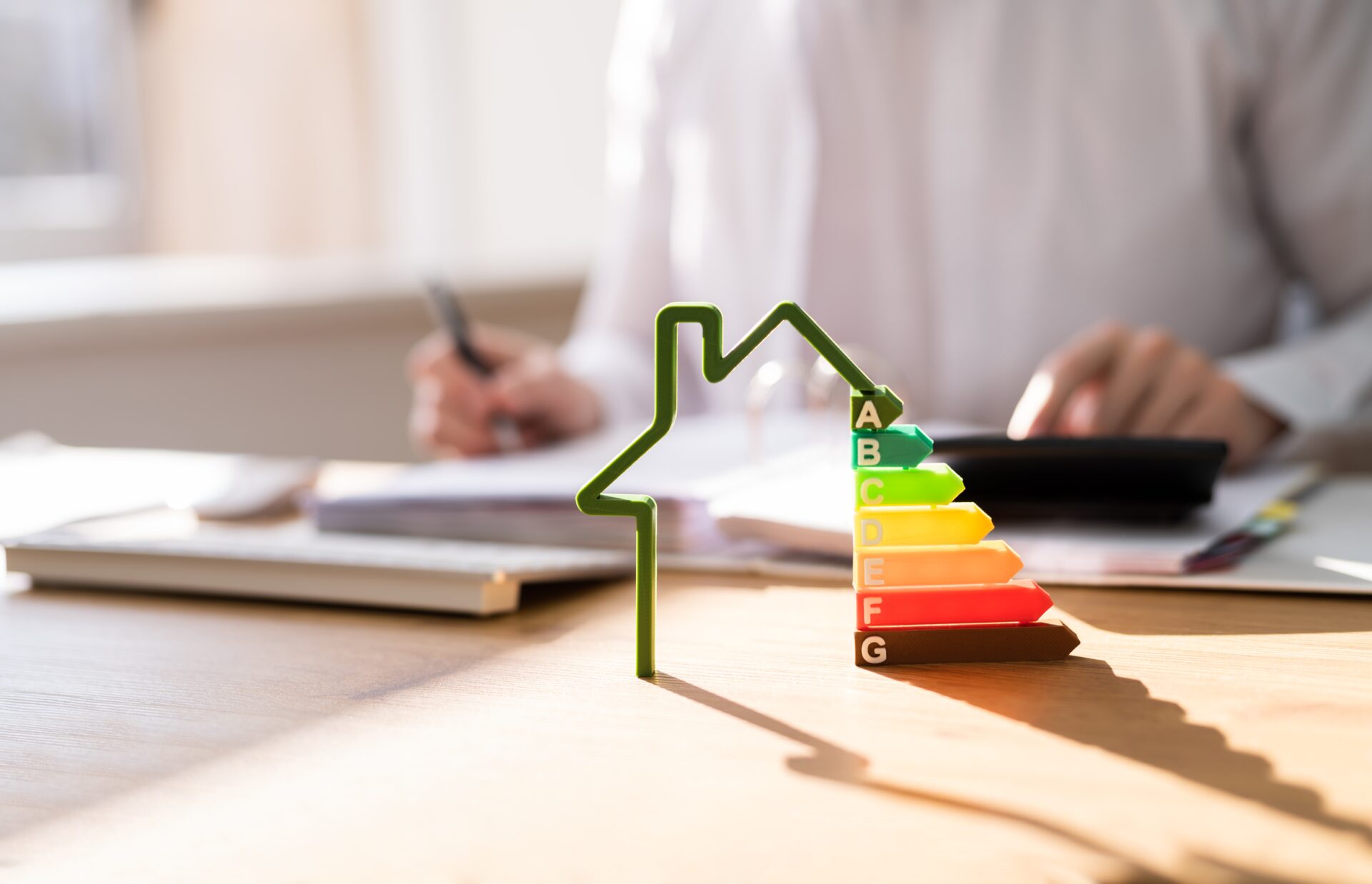 A green outline of a home with colorful bars indicating energy efficiency; in the background, a person sits at a wood-topped desk crunching numbers on a calculator